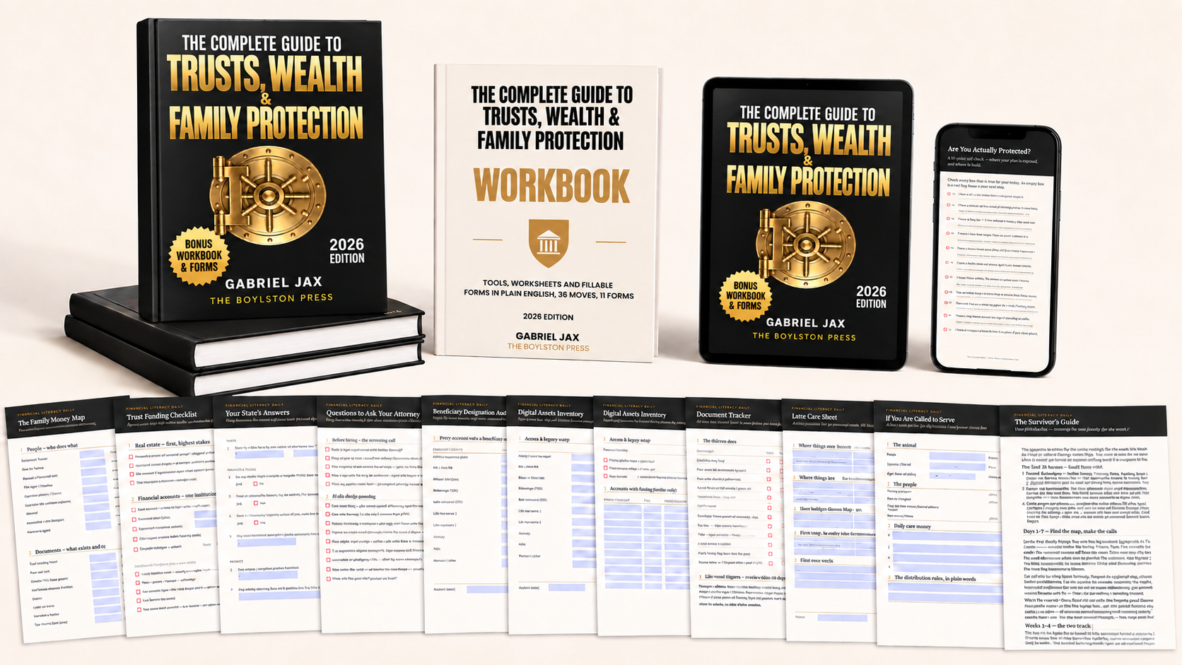 Everything you get — book, workbook, tablet, phone, and printed worksheets