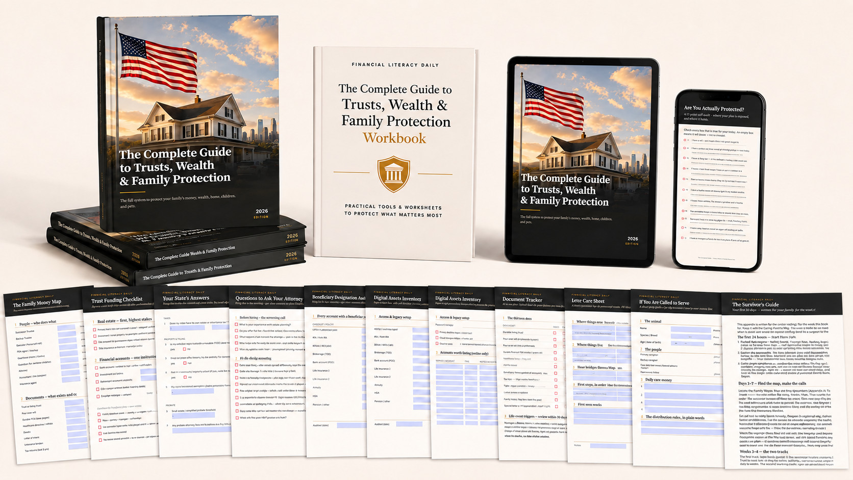 Everything you get — book, workbook, tablet, phone, and printed worksheets